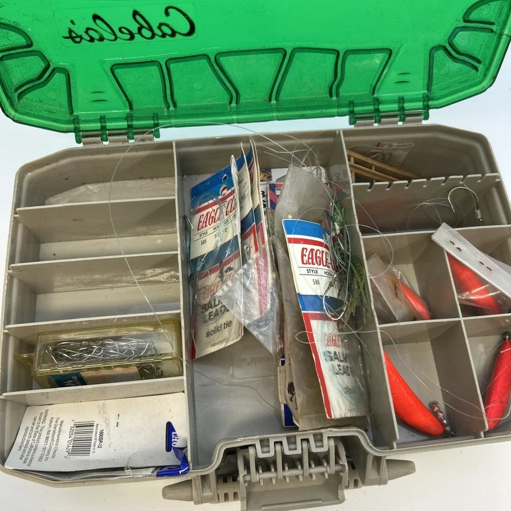 Cabela's Double-Sided Tackle‎ Box With Some Random Supplies In It